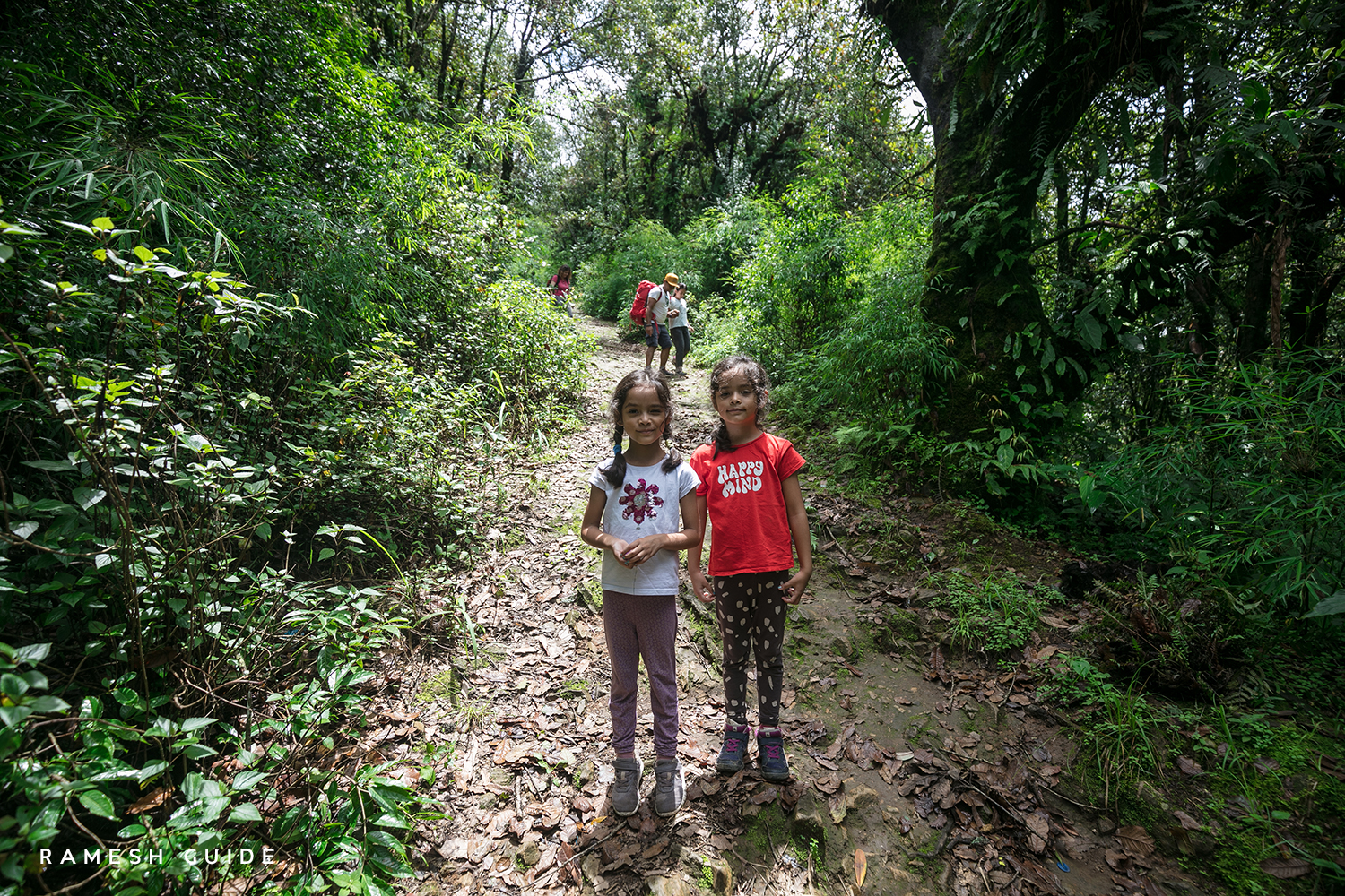 Happy family members enjoying a playful walk through the peaceful forest trail toward Chitlang.
